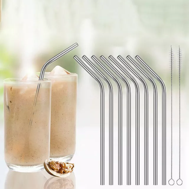 10pcs Stainless Steel Metal Drinking Straws Bent Reusable Washable Brush