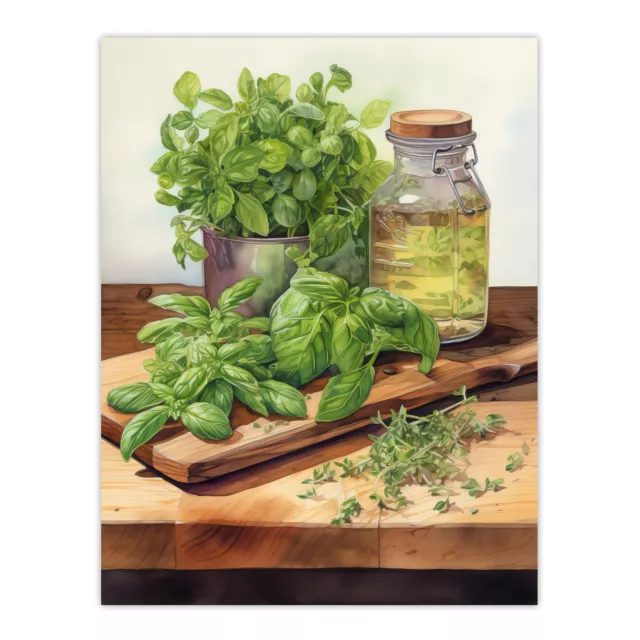 Country Kitchen Watercolour Basil Herb Still Life Painting Wall Art Poster Print