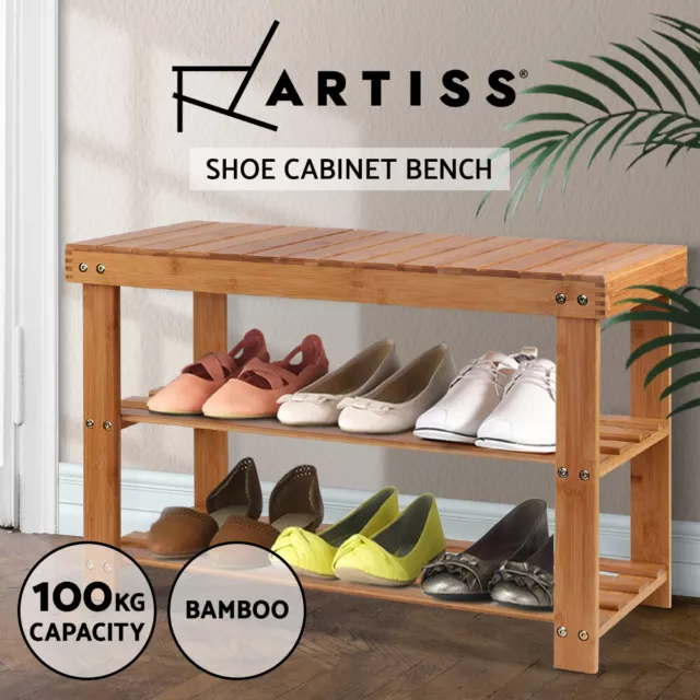 Artiss Shoe Rack Cabinet Bamboo Bench Wooden Storage Shelf Stand Organiser Stool