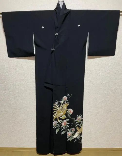 Japanese kimono golden phoenix 162cm long sleeves Silk good #2