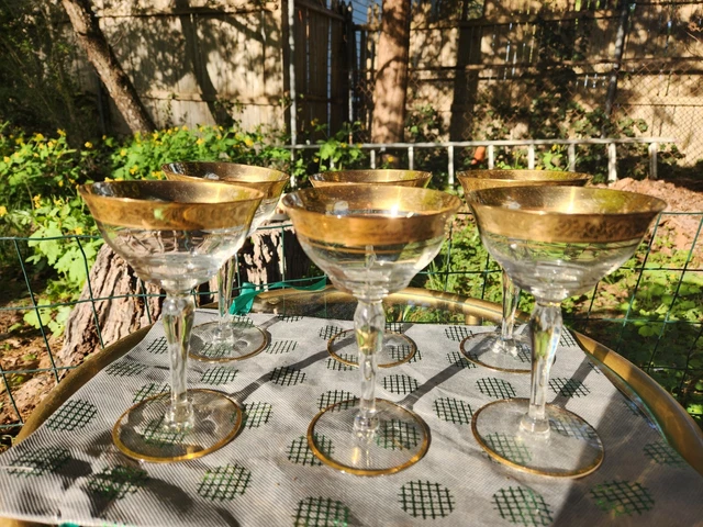 6 Tiffin Franciscan Minton Gold Encrusted Panel Optic Champagne Sherbet? 6 Tiffin Franciscan Minton Gold Encrusted Panel Optic Champagne Sherbet?