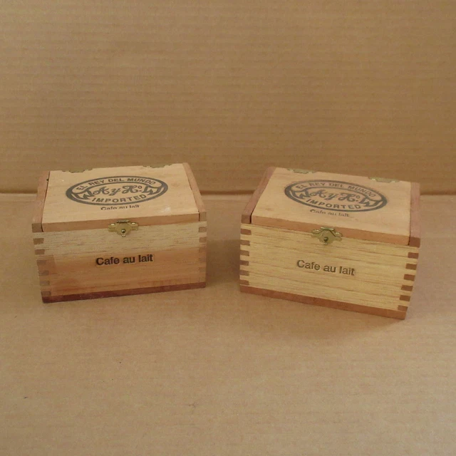 TWO El Rey Del Mundo Cafe Au Lait Wood Cigar Box Empty Hinded Lid 5.25"x4"x2.75"