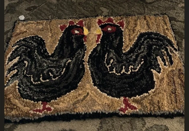 Folk Art Hand Hooked  Rug With 2 Chickens 27 inches by 17 inches