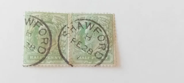 GB KEV11 Pair 1/2d Green - Shawford Hampsire Postmark