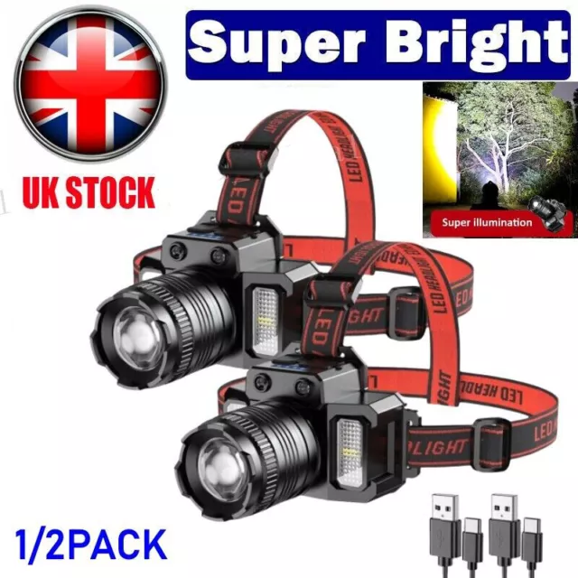 Waterproof LED COB Headlamp Super Bright Head Torch USB Rechargeable Headlight