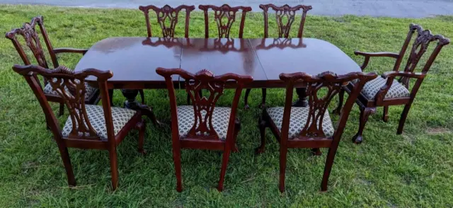 Chippendale Style Ball and Claw Feet Carved Wood Ornate Dining Table & 8 Chairs