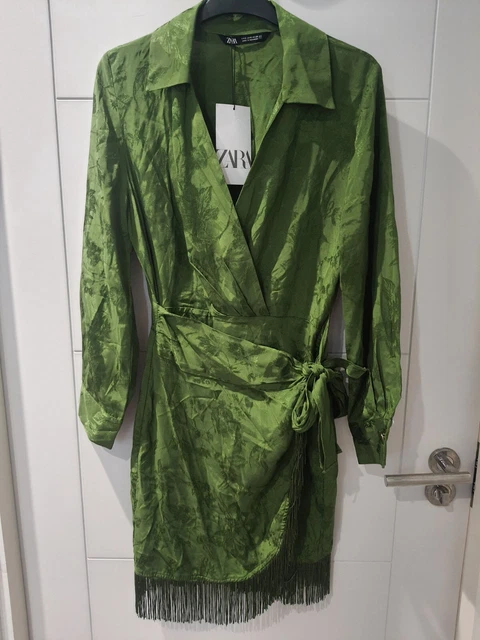 BNWT ZARA GREEN Jacquard Wrap Shirt Dress Tassle Size S 52.69 - PicClick UK