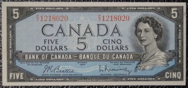 BANK OF CANADA - 1954 $5 NOTE - Prefix E/X - Signed Beattie & Rasminsky