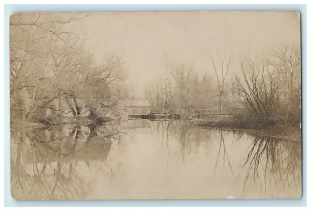 c1905 West Bridgewater Massachusetts MA, Pond Covered Bridge RPPC Photo Postcard