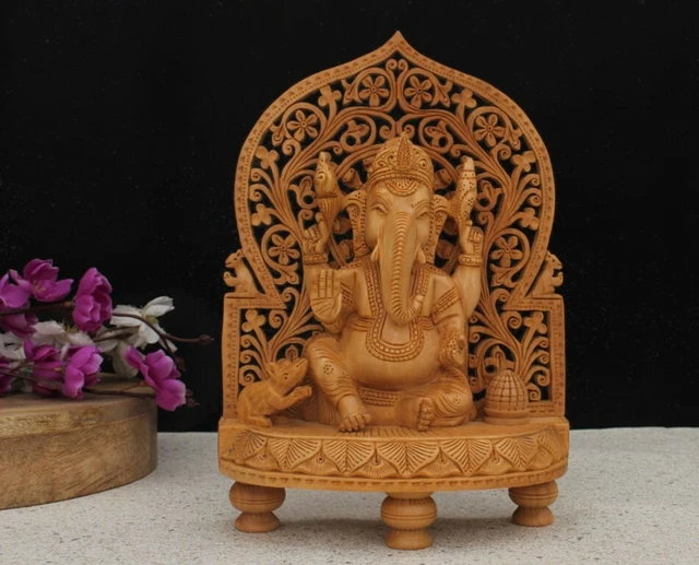 WOODEN HINDU GOD Lord Ganesha Idol Sculpture Statue Home Decor Deity