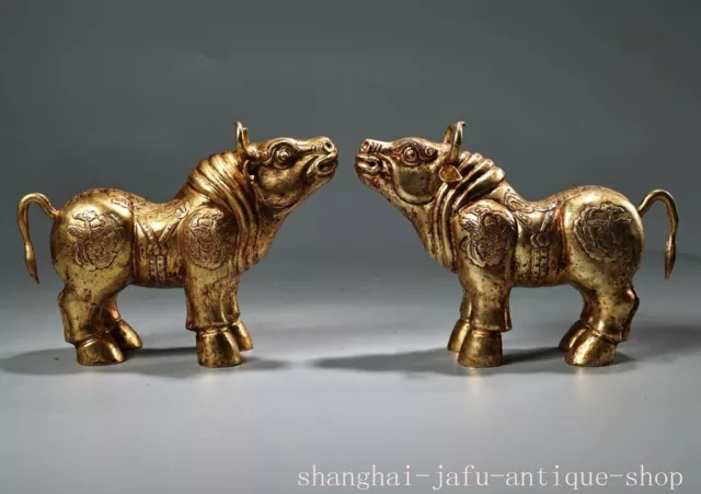 6" Old Chinese bronze gilt animal Rhinoceros Rhino Ox Statue A pair