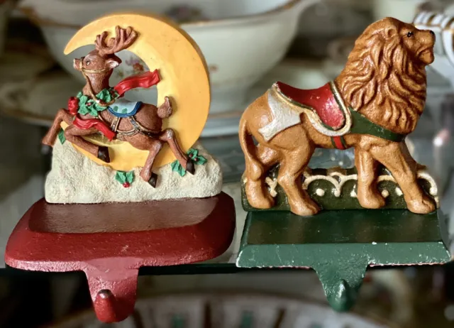 CHRISTMAS stocking Hanger Holder MIDWEST cast iron CAROUSEL LION + 1 Reindeer
