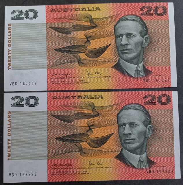 1979 Australia Consec 2X$20 Knight Stone Banknotes Gothic Renniks R 407a aUNC