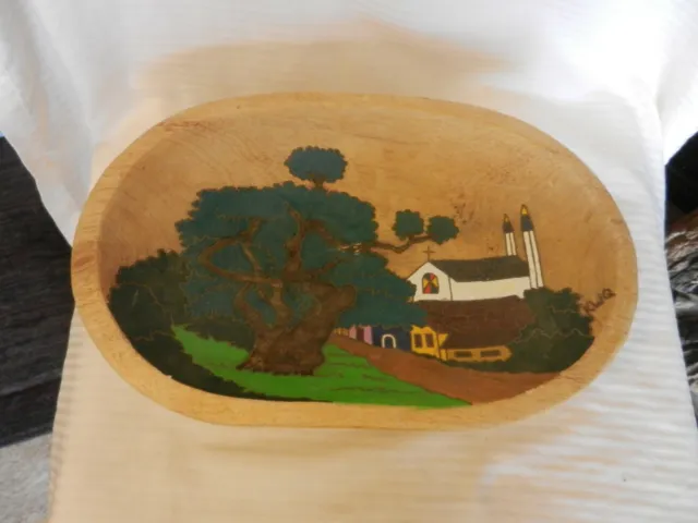 Wooden Folk Art Hand Carved Oval Fruit Bowl With Church and Tree Scene By KWQ