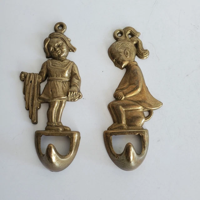 Vintage French Brass Hooks Hangers Bathroom Girl Marked MFBL BREV set  of 2
