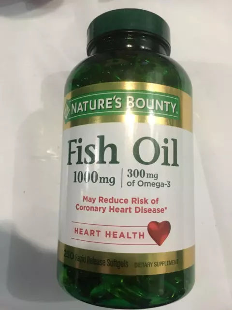 Nature's Bounty Fish Oil 1000mg, 300mg Omega-3, 250 Softgels Exp.4/24+
