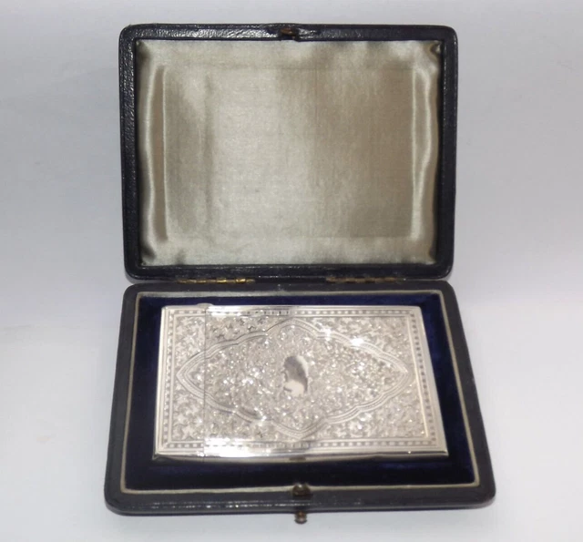 Antique Victorian Sterling Silver Card Case W/ Leather Case Box, Birmingham 1882