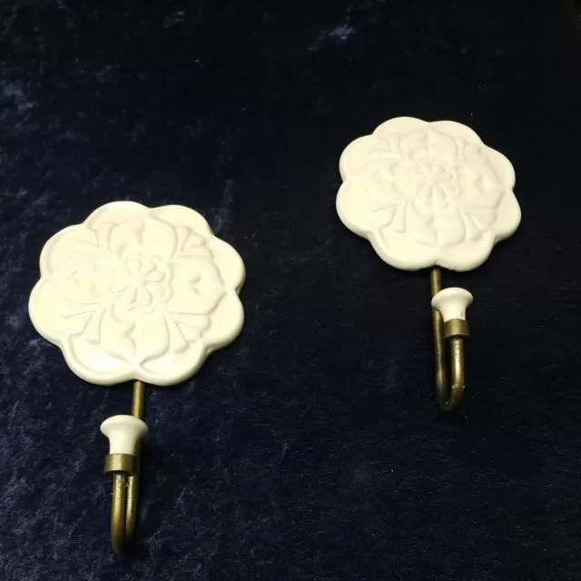 Ceramic & Brass Wall Hooks Cream Floral Coat Hat Towel Hanging Vtg.