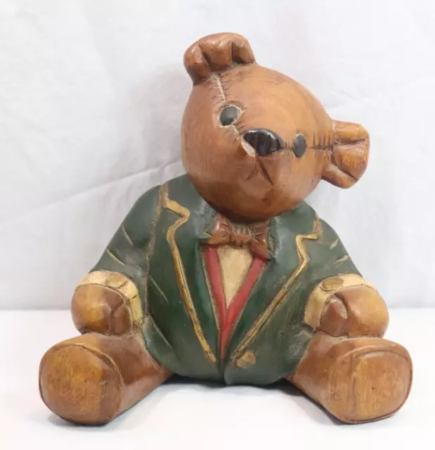 Vintage Wooden Brown Teddy Bear Hand Carved Painted Art 9" Country & Primitive