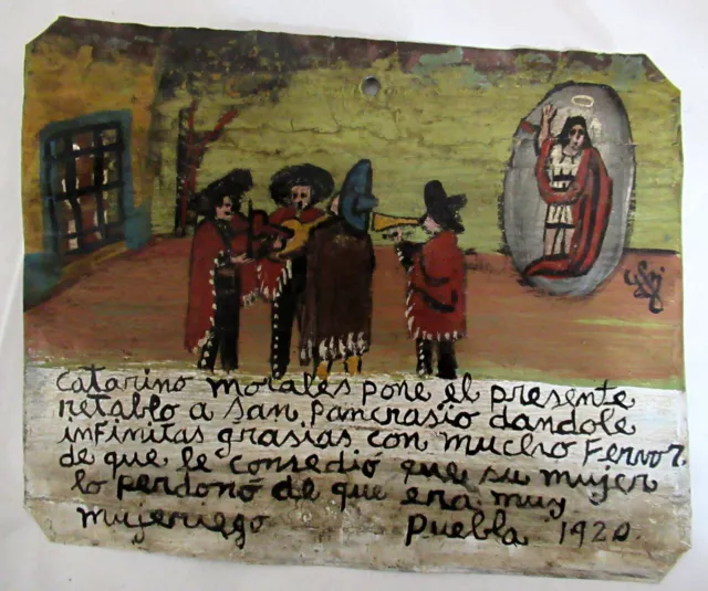 VTG HP MEXICAN TIN RETABLO SERENADE MAKE WIFE FORGIVE UNFAITHFUL HUSBAND in 1920