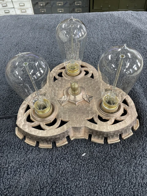 Antique Original Solid Copper Art Deco Flush Mount Three Bulb Light Fixture