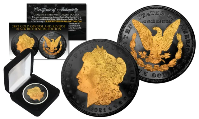 BLACK RUTHENIUM 2-Sided 1921 Original AU MORGAN SILVER DOLLAR Coin with 24K Gold