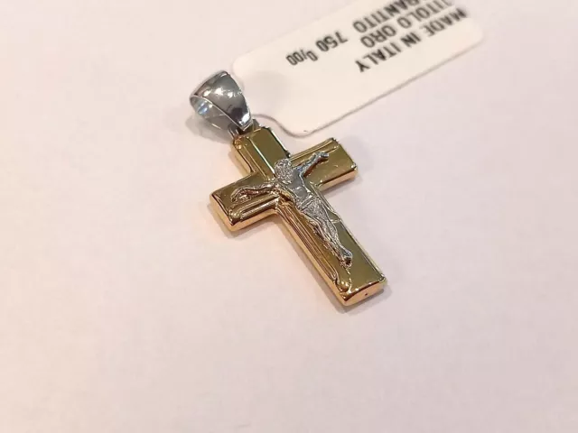 Ciondolo pendente croce unisex oro giallo e bianco 18 kt 750% cristo applicato