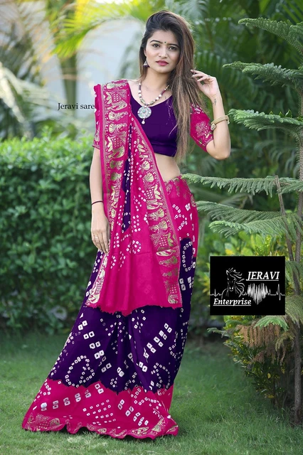Women's Jacquard Woven Purple Bandhani Bandhej Art Silk Saree with Blouse MT987