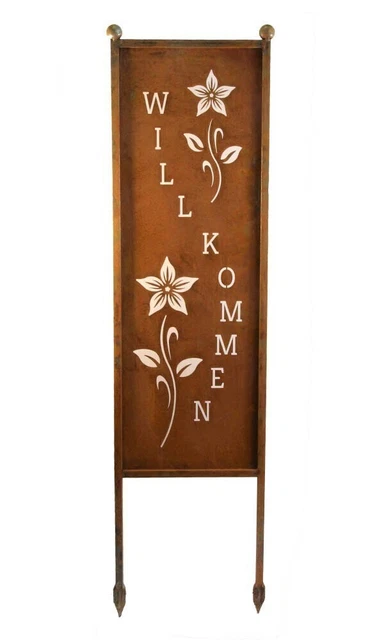 SCHILD SPRUCHTAFEL GARTENSCHILD Edelrost Rost Willkommen Blumen Metall
