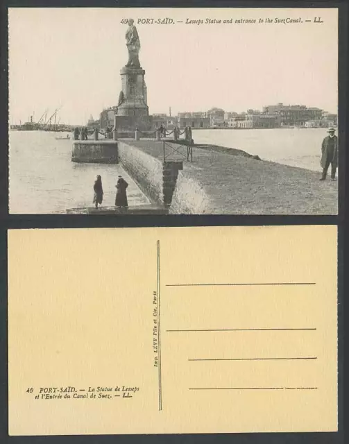 Egypt Old Postcard Port Said Lesseps Statue Entrance to Suez Canal Harbour LL 49