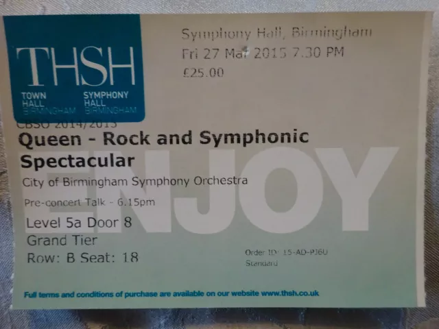 Queen Rock Spectacular Cbso Ticket Stub 27 March 2015 Symphony Hall Birmingham