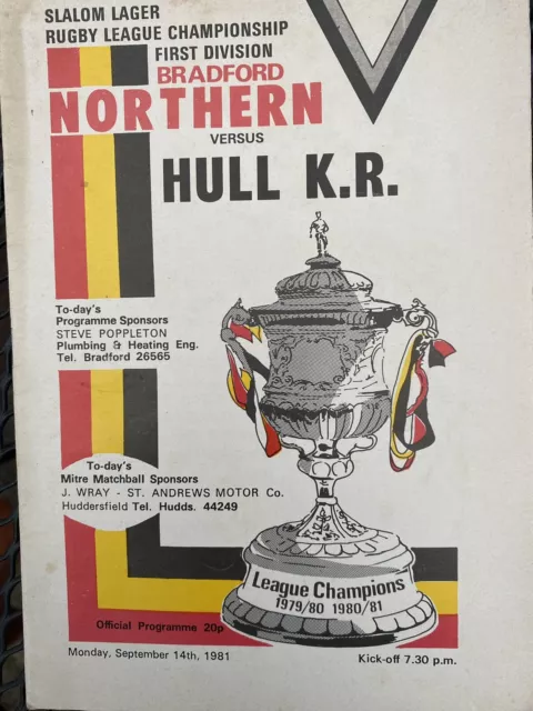 Bradford Northern v Hull KR Rugby League Programme 1981