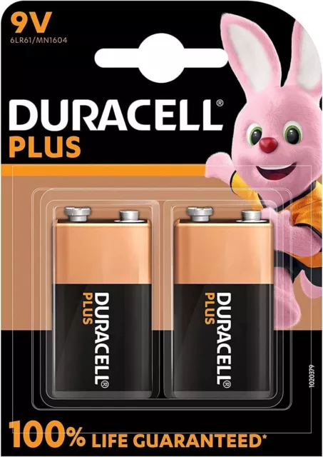 2 x Duracell 9V PP3 Plus Power Batteries Smoke Alarm LR22 MN1604 Long Lasting