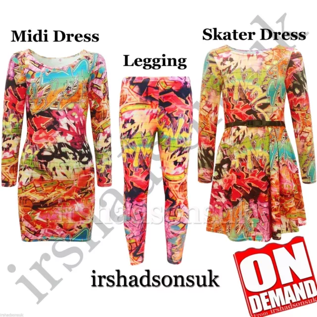 Kids Girls New Season Red Graffiti Print Legging Skater Midi Dress Top T Shirt