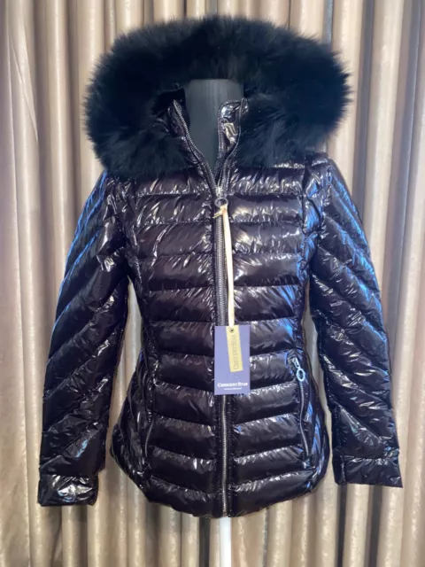 NEW Shiny Black Puffer Jacket Sizes S M XL XXL Real Fox Fur Hood  Faux Down Coat