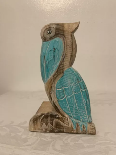 Pelican Paper Towel Holder, Coastal, Wood, Hand Carved, Sea Life, Aqua