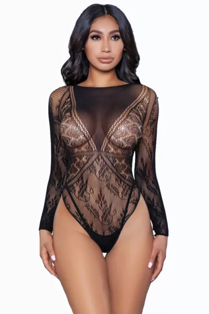 Sexy Dessous Body Schwarz Erotik Teddy mit langem Arm  Einheitsgröße S - L