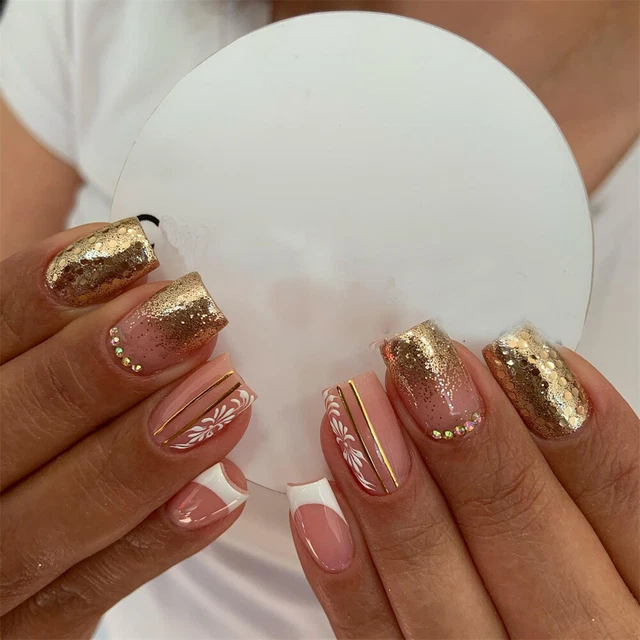 Oro Brillo Francés Falso Uñas Corto Cuadrado Prensa en Uñas para Arte en Uñas 24 piezas