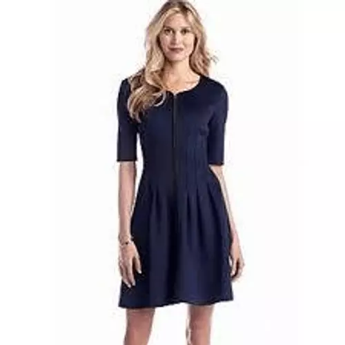 Betsey Johnson Fit & Flare Dress Full Zip Womens SZ 10 Pleated Navy Scuba Mini