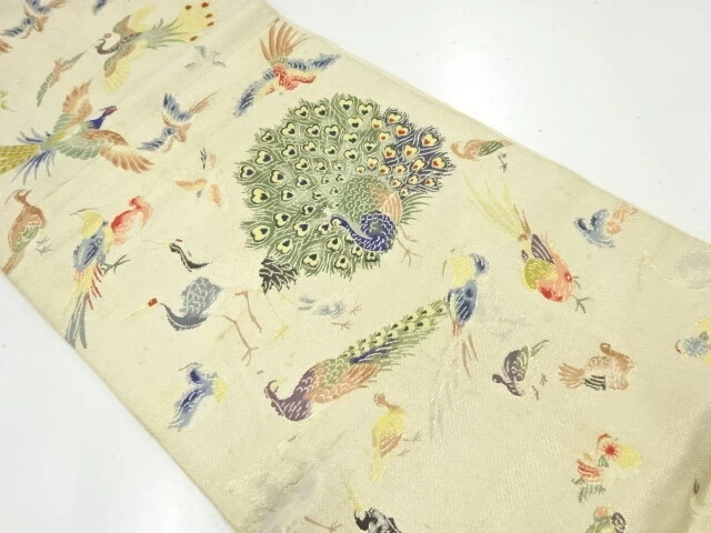 40860# Japanese Kimono / Antique Fukuro Obi / Woven Birds