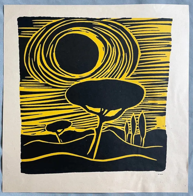 w. Klihm, Druck, Motiv: Sonne, Bäume, Landschaft, schwarz-gelb