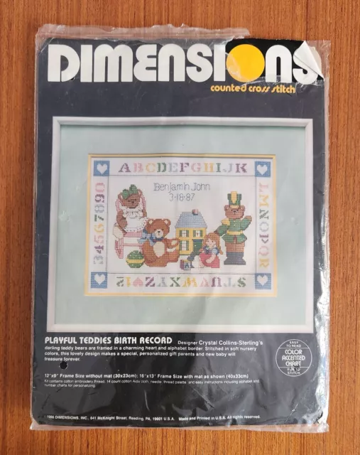 Dimensions Playful Teddies Birth Record 3616 Counted Cross Stitch Kit (1986)