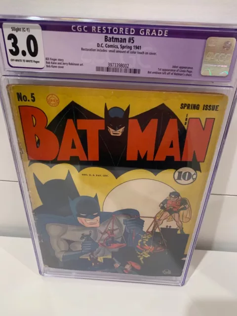 Batman #5 Dc Comics Cgc Restored 3.0 Comic Book 1941 - No Reserve Auction