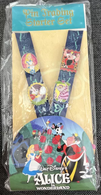 Disney Pin Parks Alice in Wonderland Trading Neck Lanyard Starter Set  w/ 4 Pins