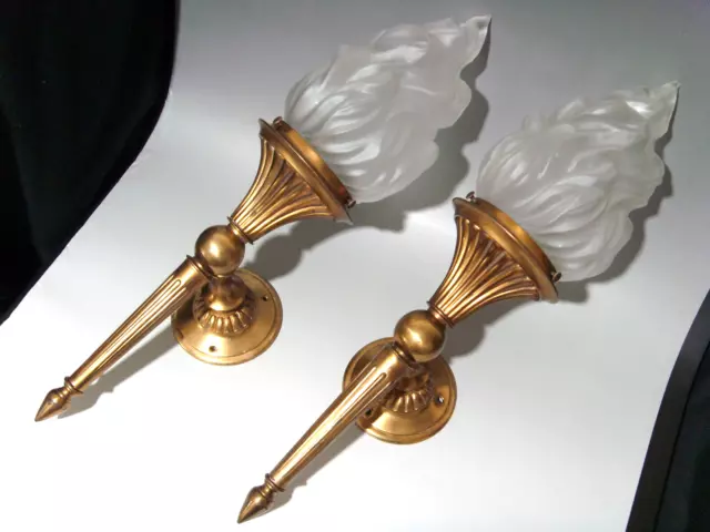 VINTAGE PAIR 1930s ART DECO CAST BRASS TORCH WALL LIGHTS WITH GLASS SHADES 18.5"