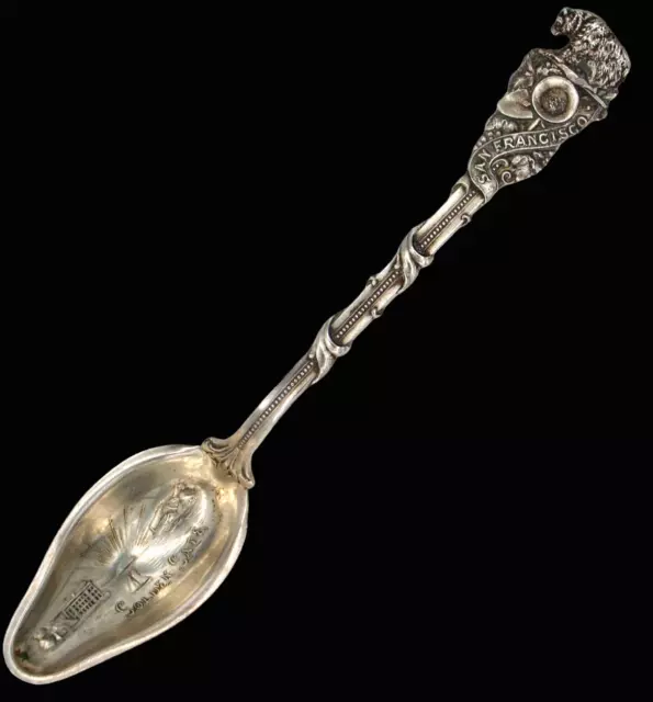 1902 Souvenir Spoon Shreve Sterling Silver California Golden Gate Gold Rush Bear