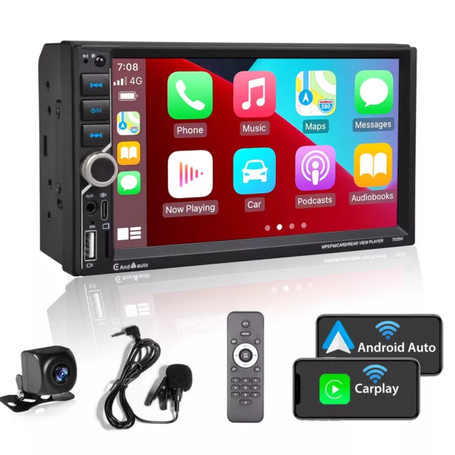 Double Din Car Stereo Wireless Apple CarPlay 7" touchscreen Bluetooth Radio USB