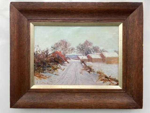 Signed C19th Antique British School Original Oil Painting Farm in Snow Landscape