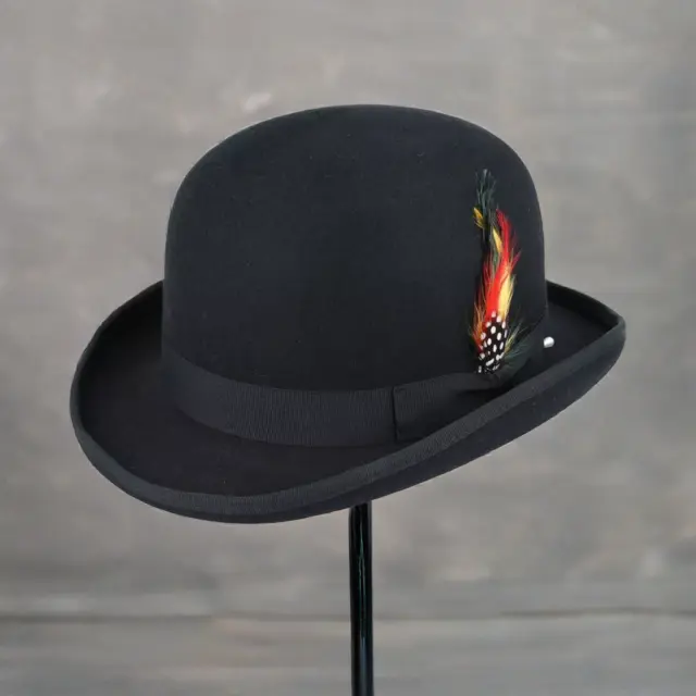 Wool Felt Derby Bowler Hat - Black, with Feather - Stiff 100% Wool Bowler Hat
