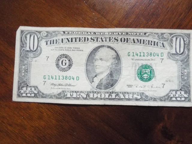 1995 $10 Ten Dollar Bill Federal Reserve Note Vintage Old Currency